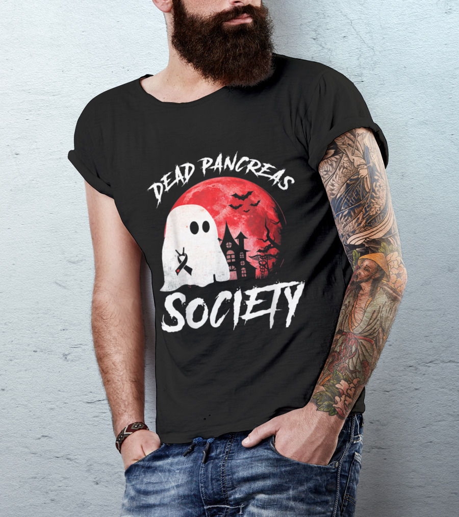 Dead Pancreas Society Halloween Ghost With Diabetes Awareness Ghostly Castle And Blood Moon T-Shirt