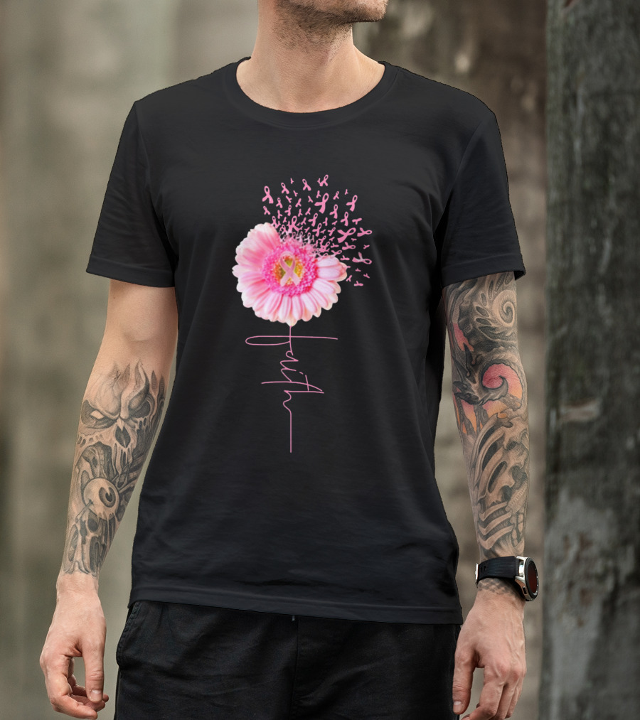 Faith Pink Ribbon Daisy Breast Cancer Awareness T-Shirt