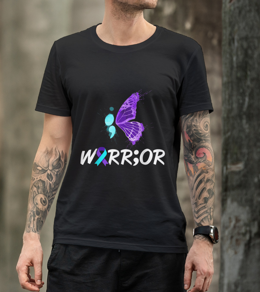 WARRIOR Semicolon Butterfly With Awareness Ribbon For Suicide Prevention Awareness T-Shirt