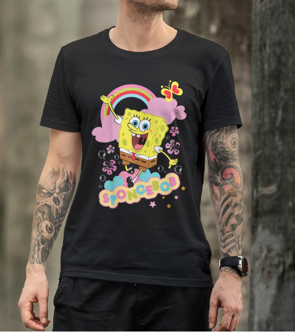 SpongeBob SquarePants Rainbow Clouds Bubbles Butterfly Flowers Stars T-Shirt