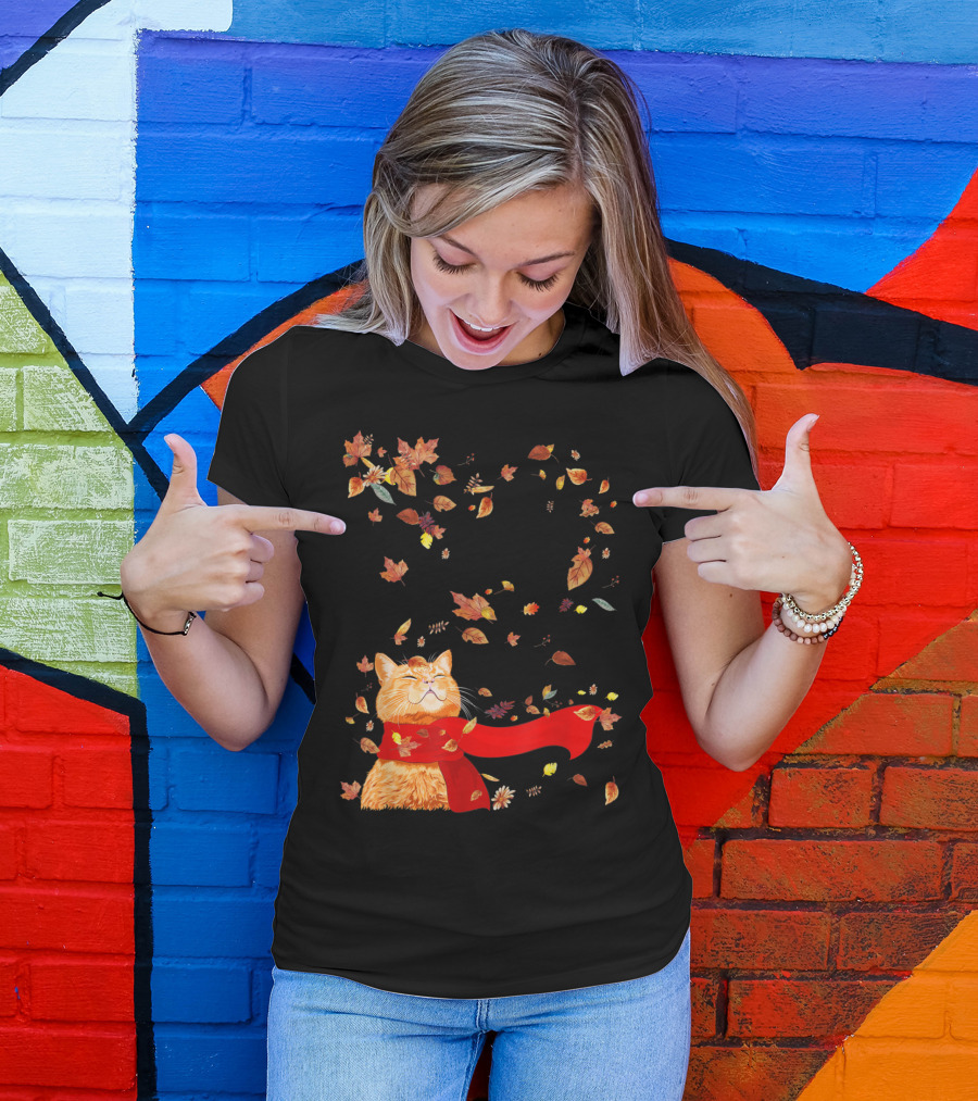 Hello Autumn Maple Leaf Fall Funny Cat Kitten Lover T-Shirt