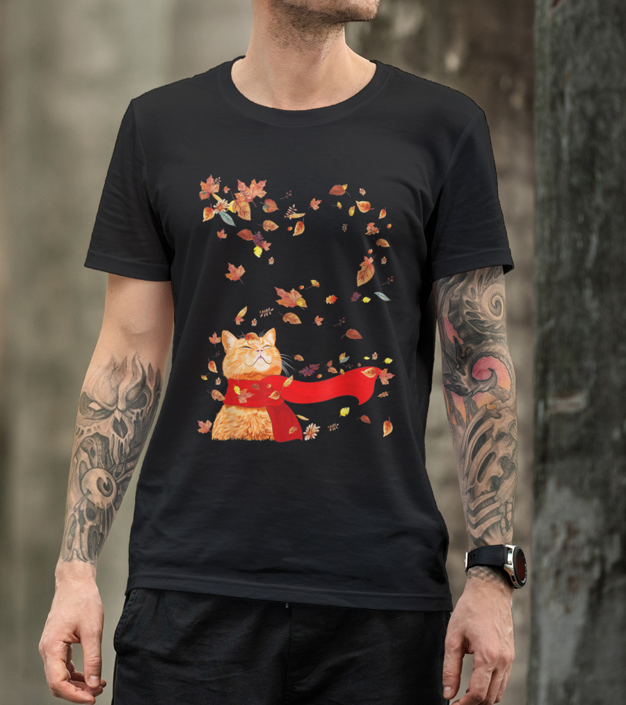 Hello Autumn Maple Leaf Fall Funny Cat Kitten Lover T-Shirt