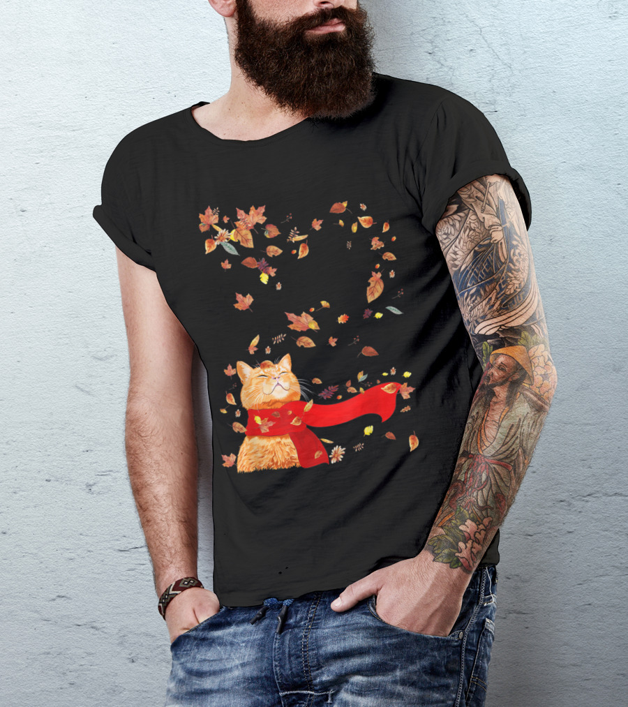 Hello Autumn Maple Leaf Fall Funny Cat Kitten Lover T-Shirt
