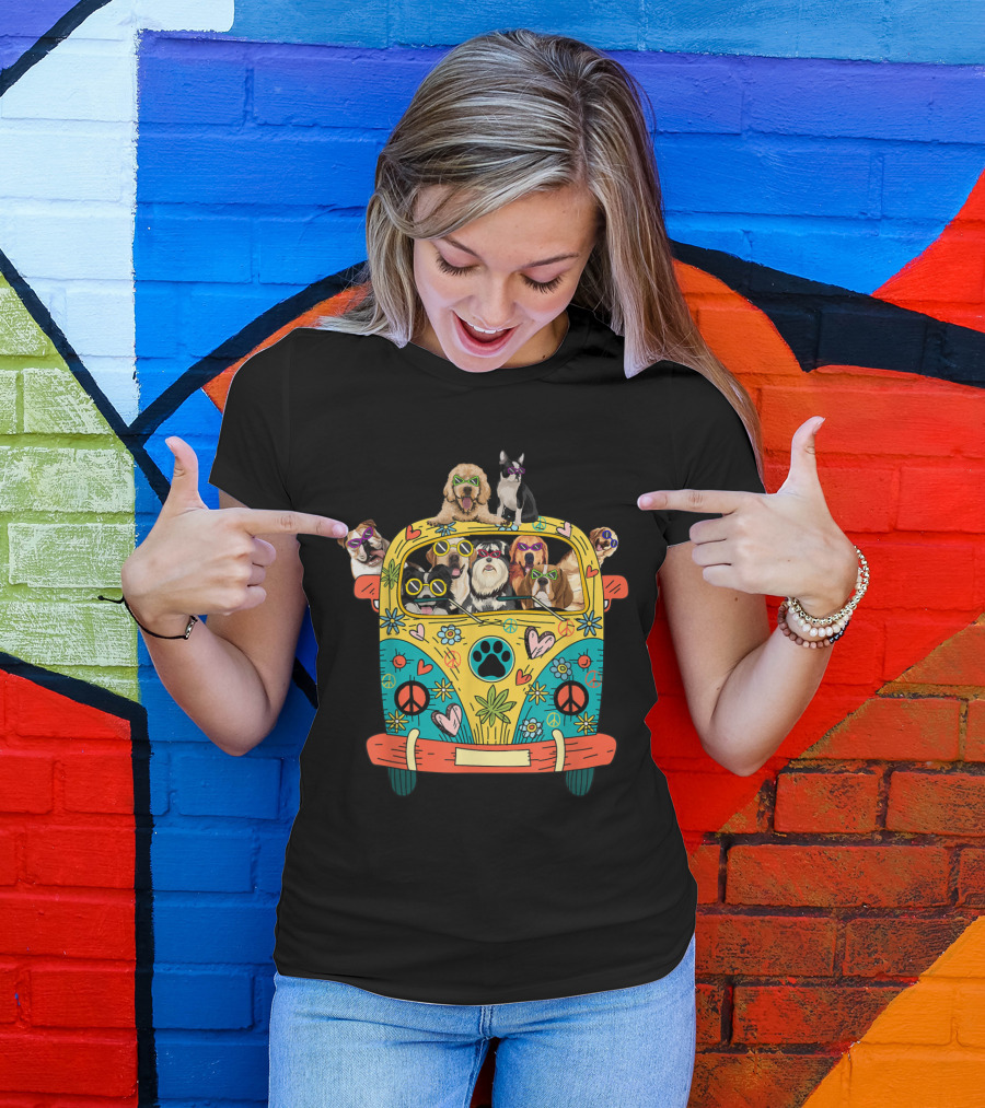 Peace Love Dogs Hippie Van With Sunglasses And Tropical Flowers T-Shirt