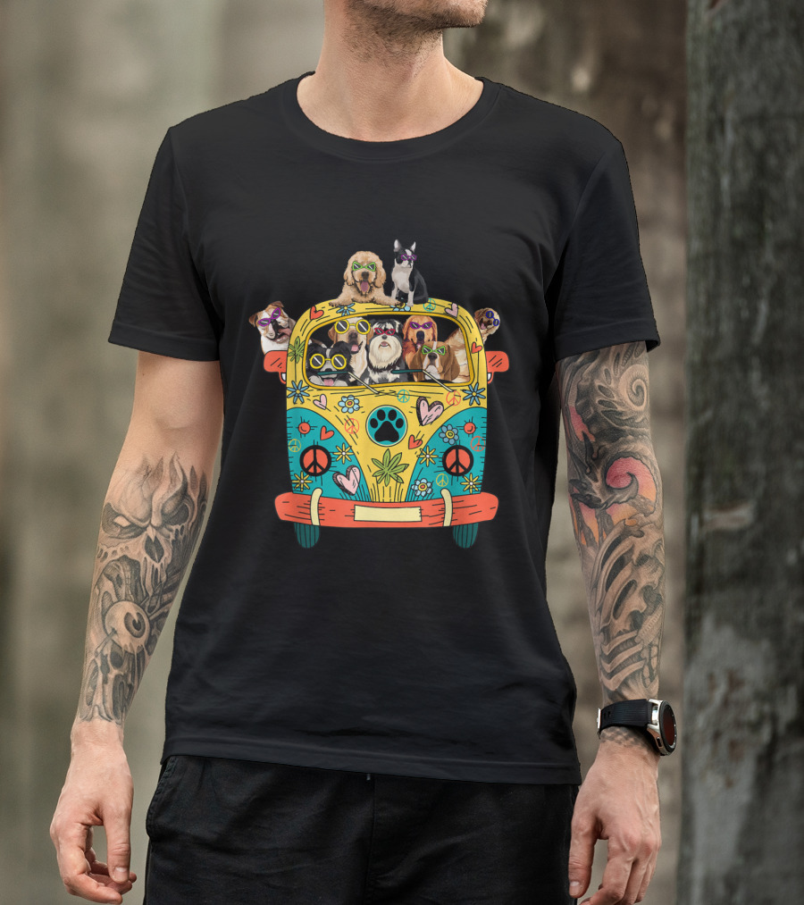 Peace Love Dogs Hippie Van With Sunglasses And Tropical Flowers T-Shirt