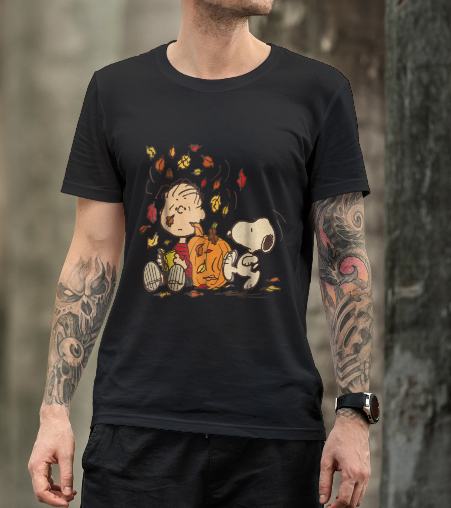 Peanuts Snoopy Linus With Pumpkin And Falling Leaves T-Shirt