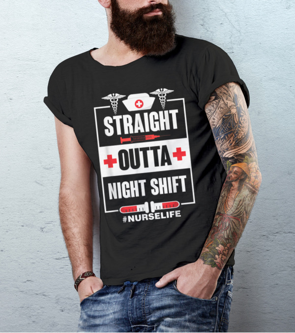 Straight Outta Night Shift Nurse Life Caduceus Syringe Red Cross T-Shirt