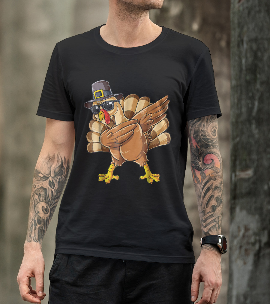 Thanksgiving Dabbing Turkey Pilgrim Hat Sunglasses Boys Day T-Shirt