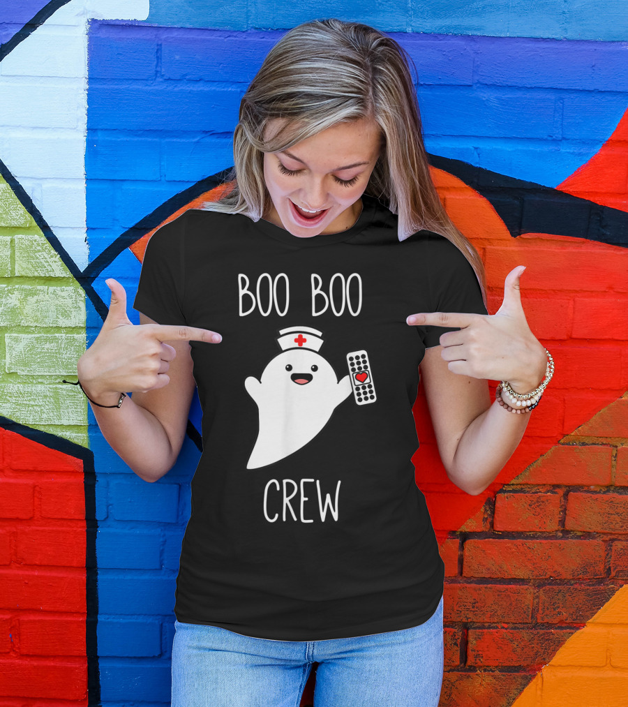 Boo Boo Crew Halloween Nurse Ghost With Nurse Cap And Heart Bandage T-Shirt