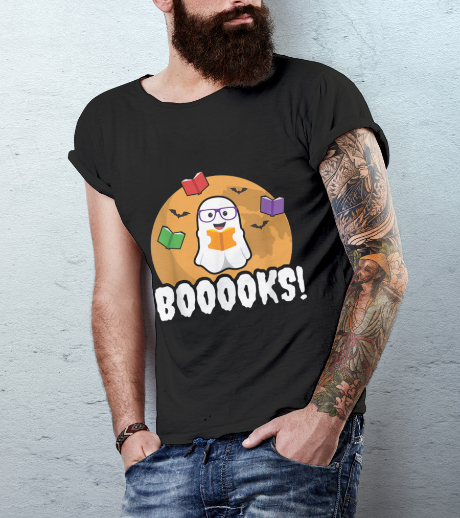 Booooks Ghost Boo Read Books Library Halloween Theme With Flying Bats And Moon T-Shirt