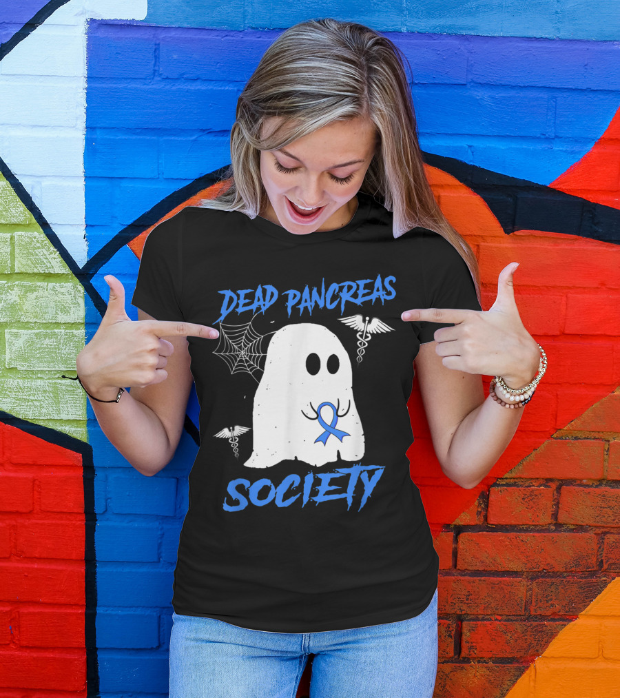 Dead Pancreas Society Diabetes Awareness Halloween Ghost With Blue Ribbon And Caduceus T-Shirt