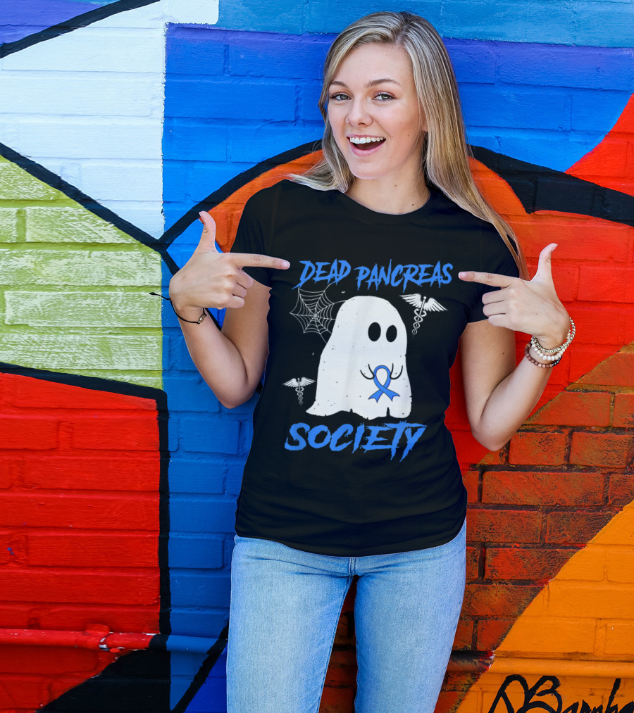 Dead Pancreas Society Diabetes Awareness Halloween Ghost With Blue Ribbon And Caduceus T-Shirt