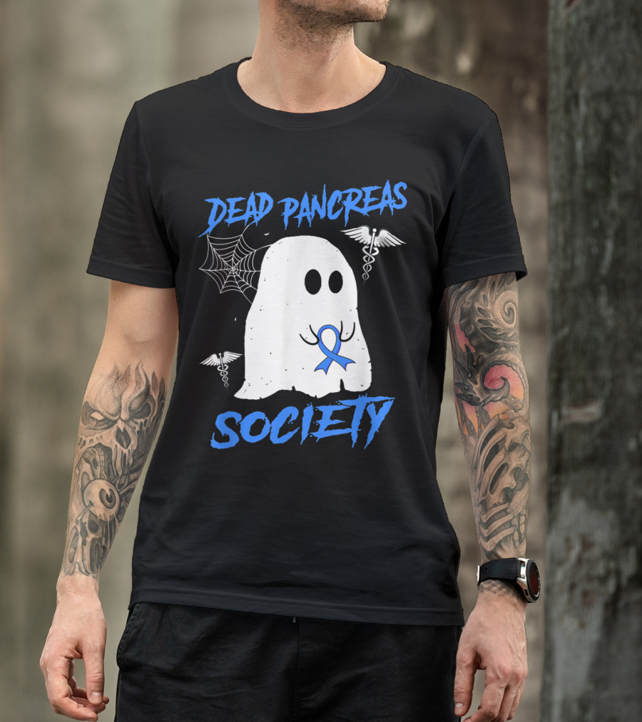 Dead Pancreas Society Diabetes Awareness Halloween Ghost With Blue Ribbon And Caduceus T-Shirt