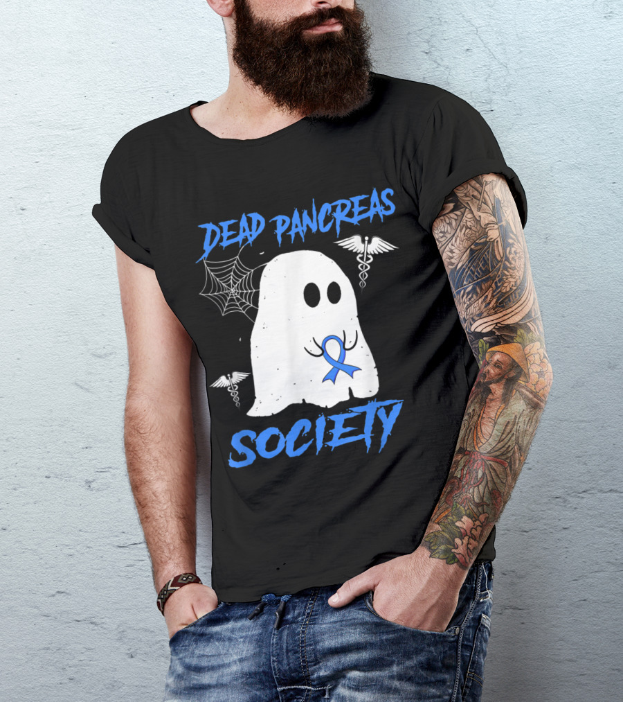 Dead Pancreas Society Diabetes Awareness Halloween Ghost With Blue Ribbon And Caduceus T-Shirt