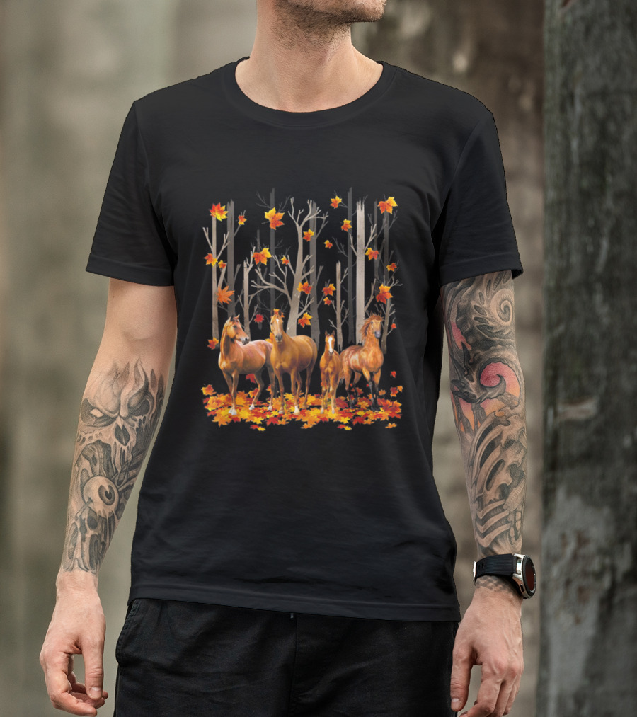 Maple Leaf Fall Hello Autumn Funny Horse Lover T-Shirt