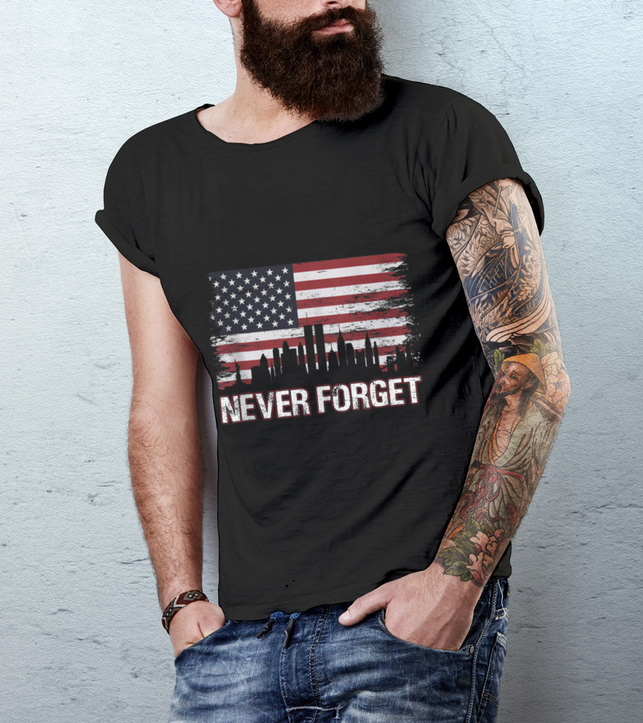 Never Forget 9/11 Skyline Twin Towers American Flag Vintage Patriotic T-Shirt
