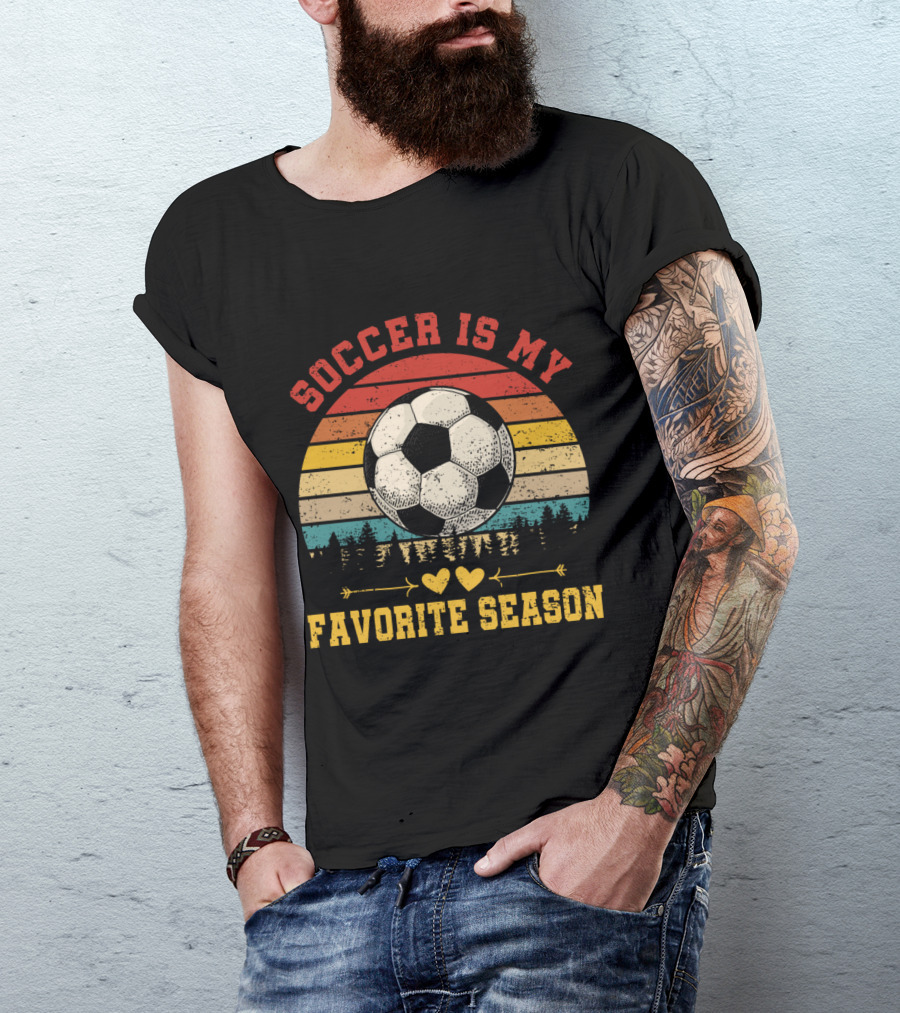 Soccer Is My Favorite Season Vintage Sunset Forest Soccer Ball T-Shirt