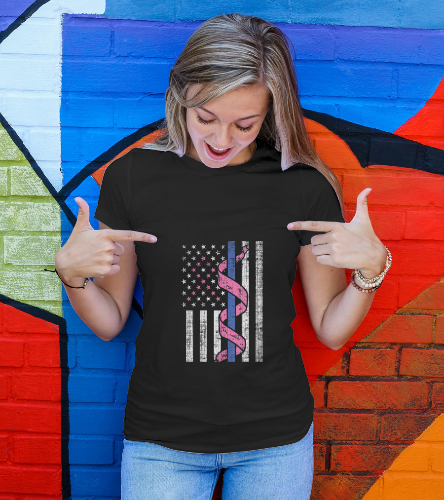 Blue Line American Flag Pink Ribbon Breast Cancer Awareness T-Shirt