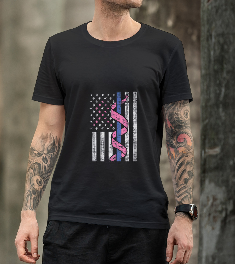 Blue Line American Flag Pink Ribbon Breast Cancer Awareness T-Shirt