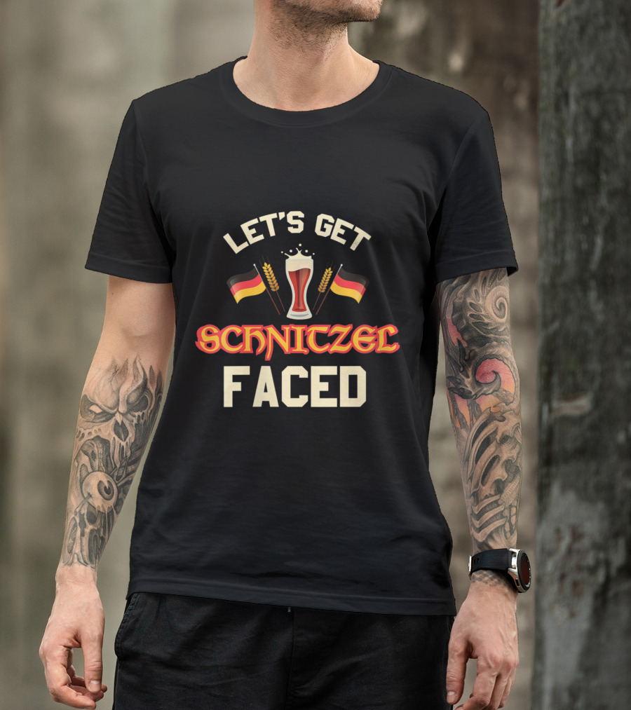 Let's Get Schnitzel Faced German Beer Oktoberfest With Flags And Beer Glass T-Shirt