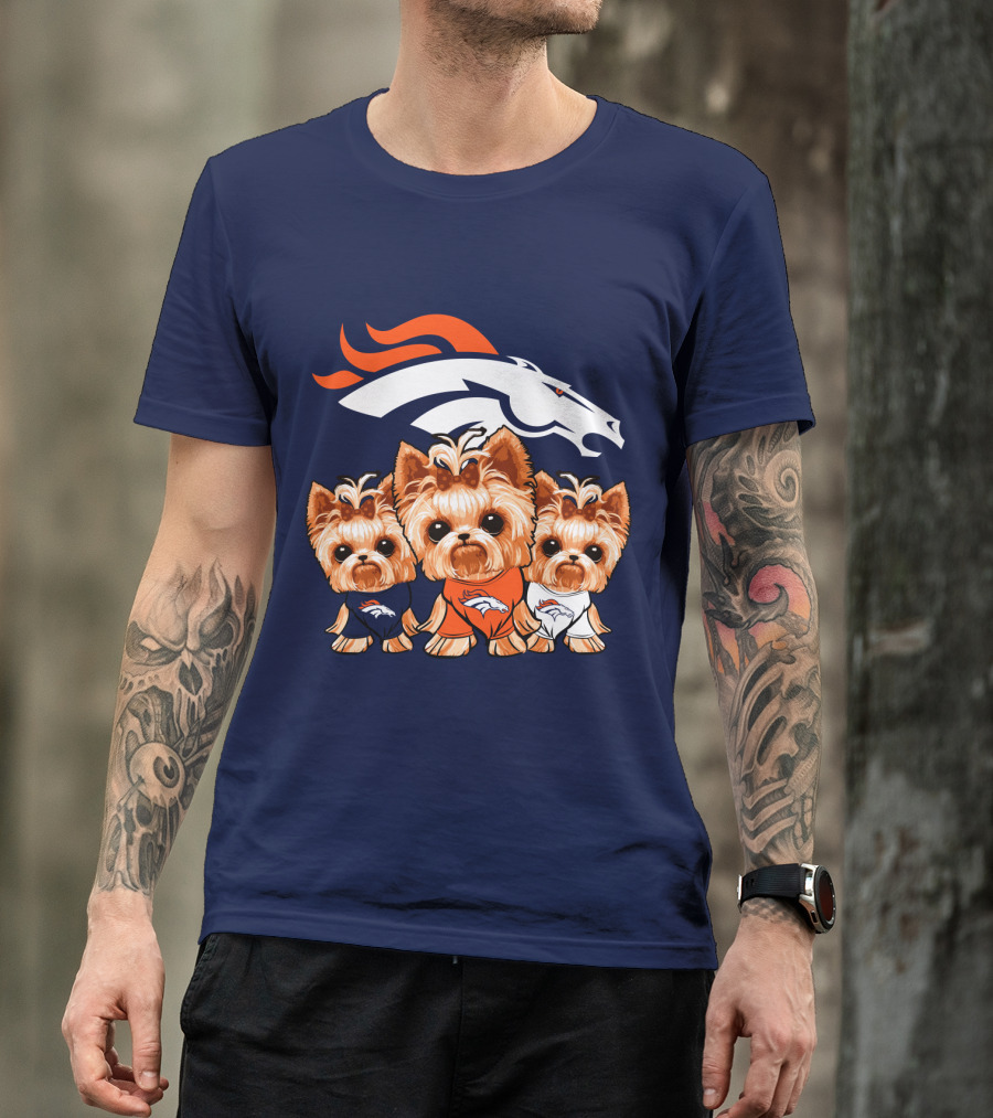 Denver Broncos Yorkies With Team Logo And Three Adorable Dogs In Jerseys T-Shirt