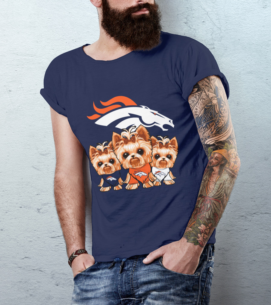 Denver Broncos Yorkies With Team Logo And Three Adorable Dogs In Jerseys T-Shirt