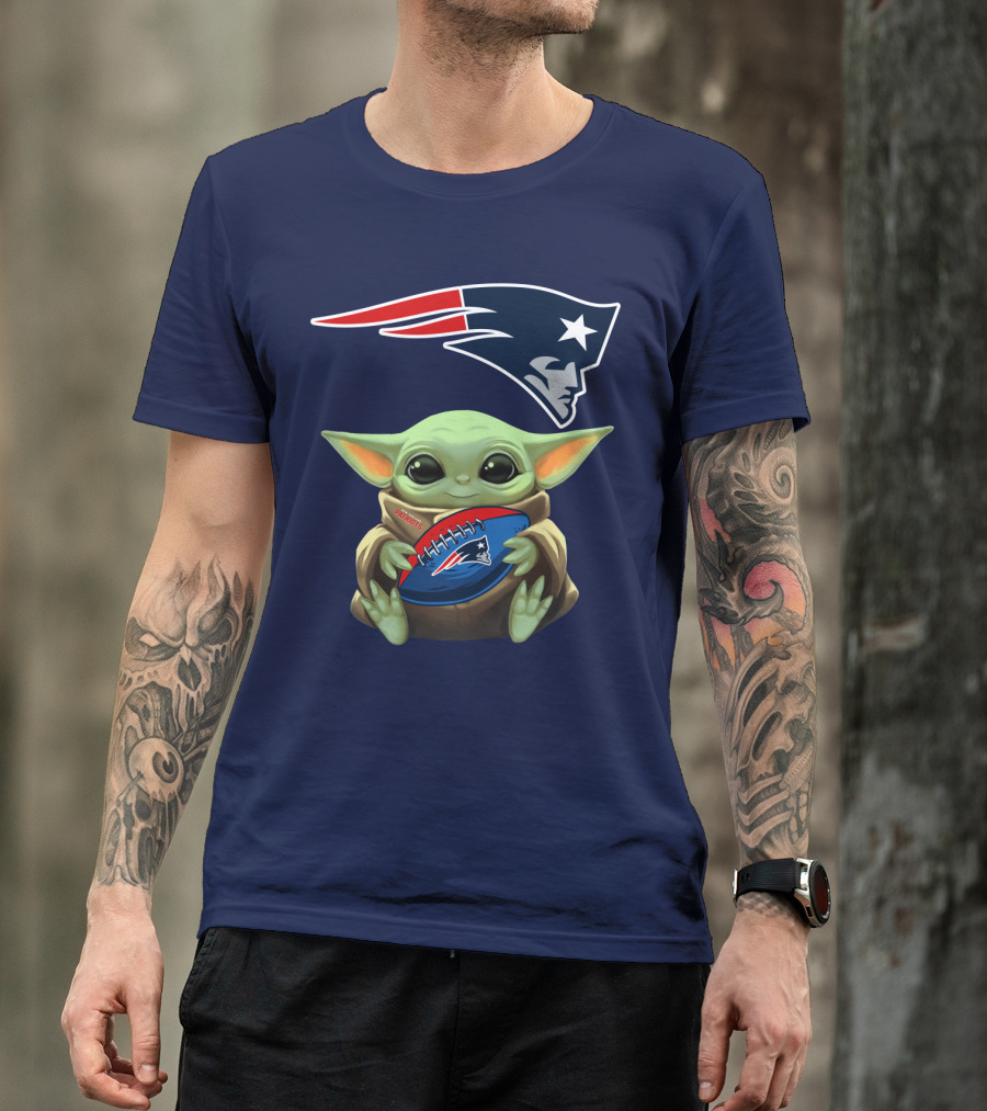 Baby Yoda Holding New England Patriots Football Under Patriots T-Shirt