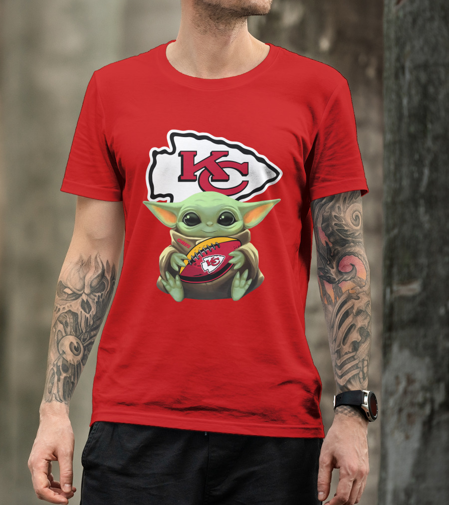 Babyyoda Holding Kansas City Chiefs Football T-Shirt