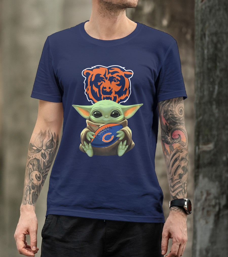 Baby Yoda Holding Chicago Bears Football With Team T-Shirt
