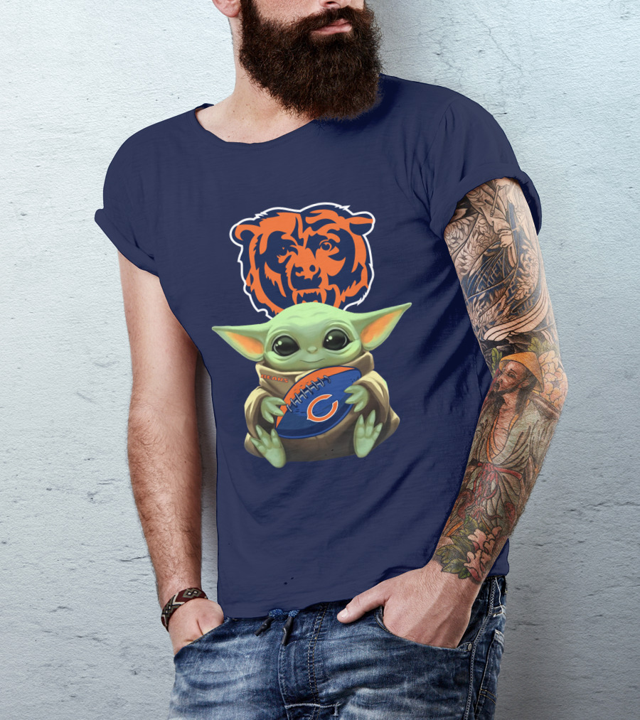 Baby Yoda Holding Chicago Bears Football With Team T-Shirt