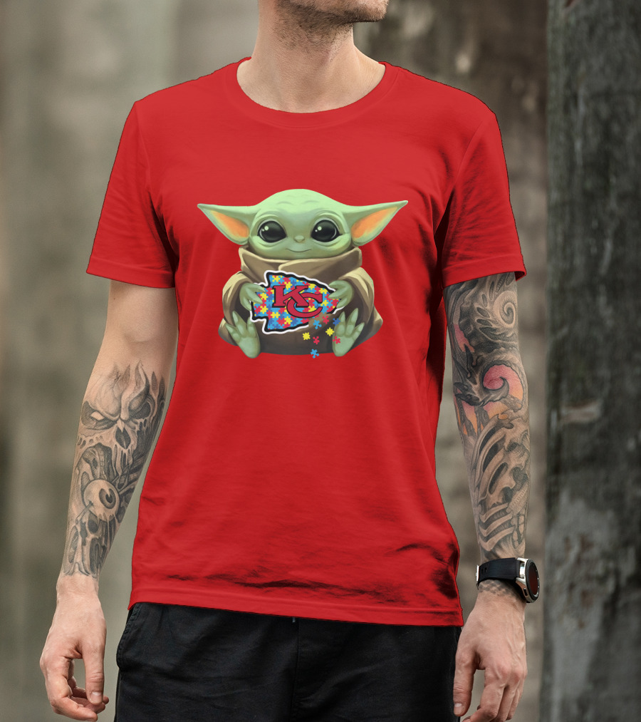 Baby Yoda Holding Kansas City Chiefs Autism Puzzle T-Shirt