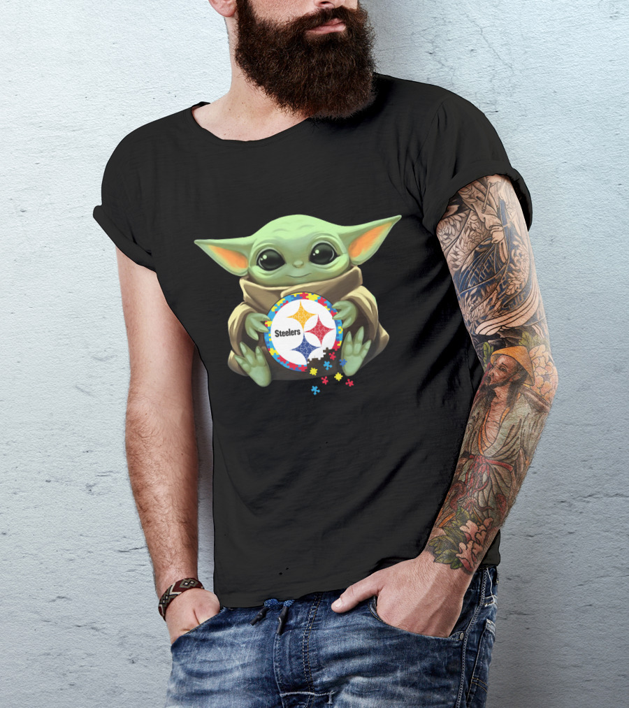 Baby Yoda Holding Steelers Autism Puzzle T-Shirt