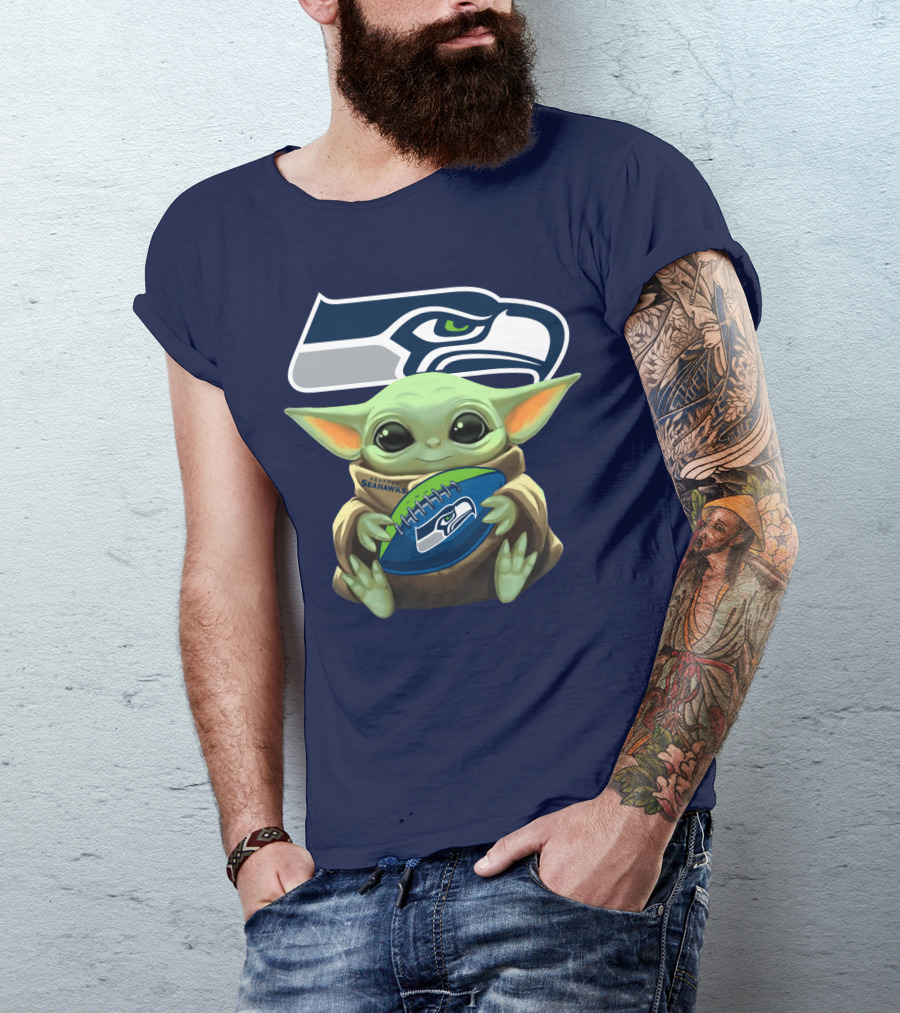 Baby Yoda Holding Seattle Seahawks Football Nfl T-Shirt
