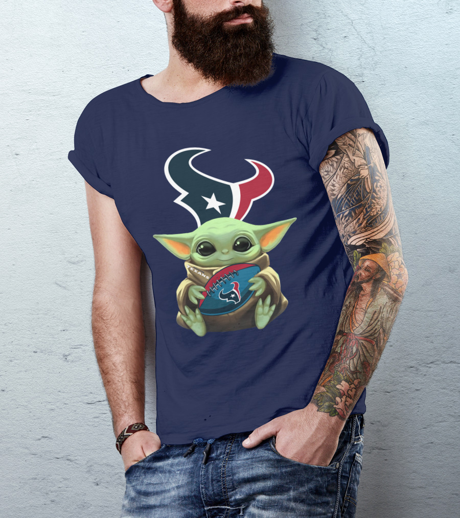 Baby Yoda Holding Houston Texans Football T-Shirt