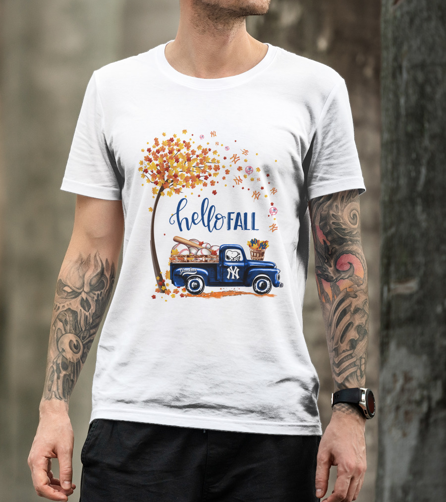 Hello Fall New York Yankees Autumn Truck Baseball Scene T-Shirt