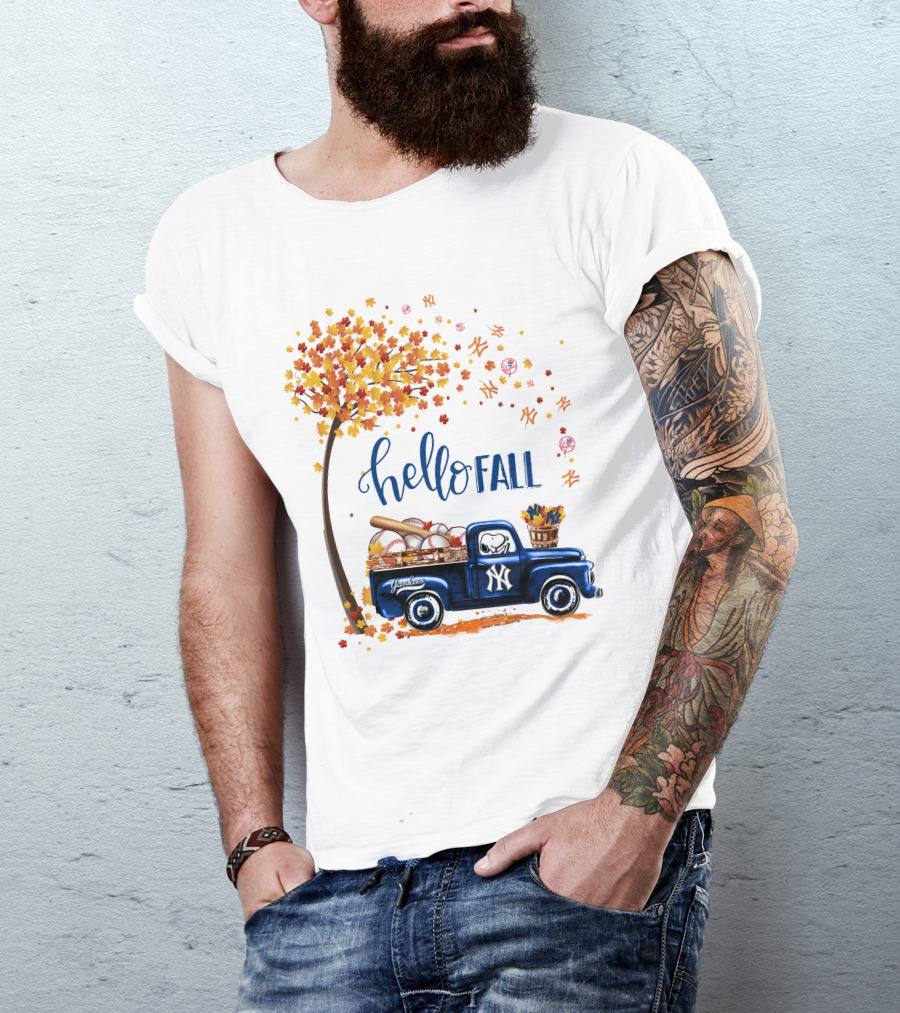 Hello Fall New York Yankees Autumn Truck Baseball Scene T-Shirt