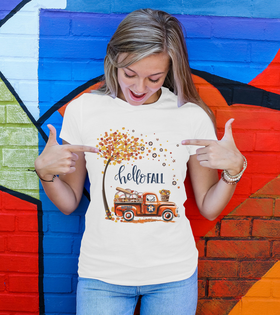 Hello Fall Astros Truck With Baseballs And Autumn Leaves T-Shirt