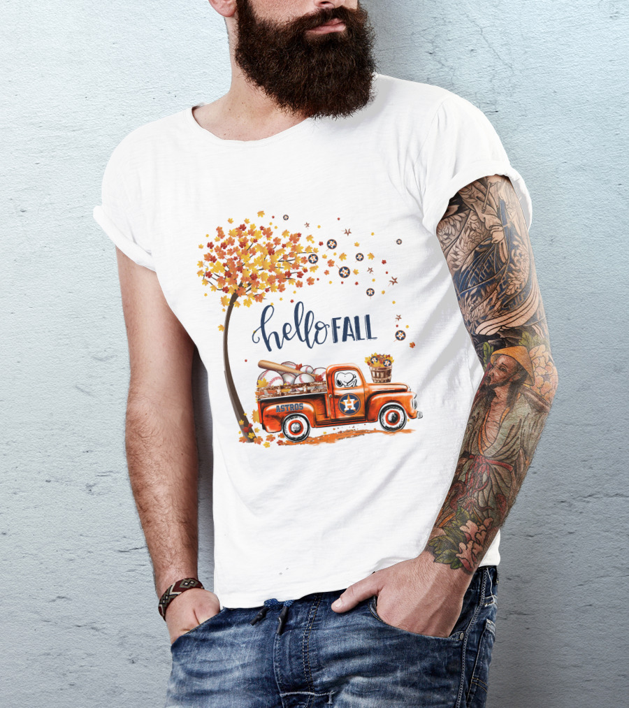 Hello Fall Astros Truck With Baseballs And Autumn Leaves T-Shirt