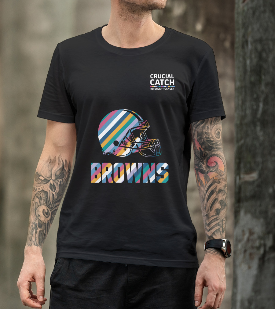 Browns Crucial Catch Intercept Cancer Helmet Stripes T-Shirt