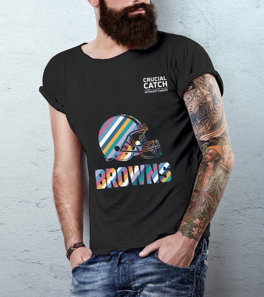 Browns Crucial Catch Intercept Cancer Helmet Stripes T-Shirt
