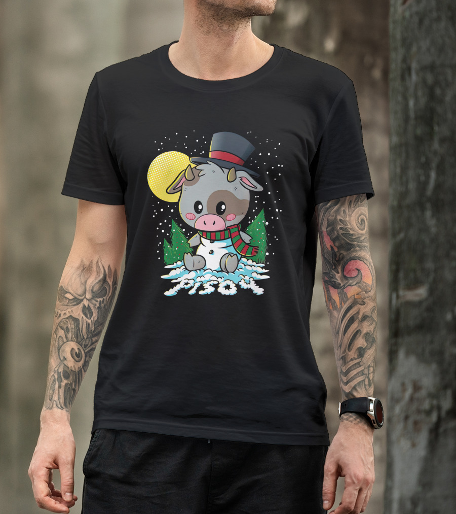 Piso4 Cute Cow In Snow With Top Hat And Scarf Winter Scene T-Shirt
