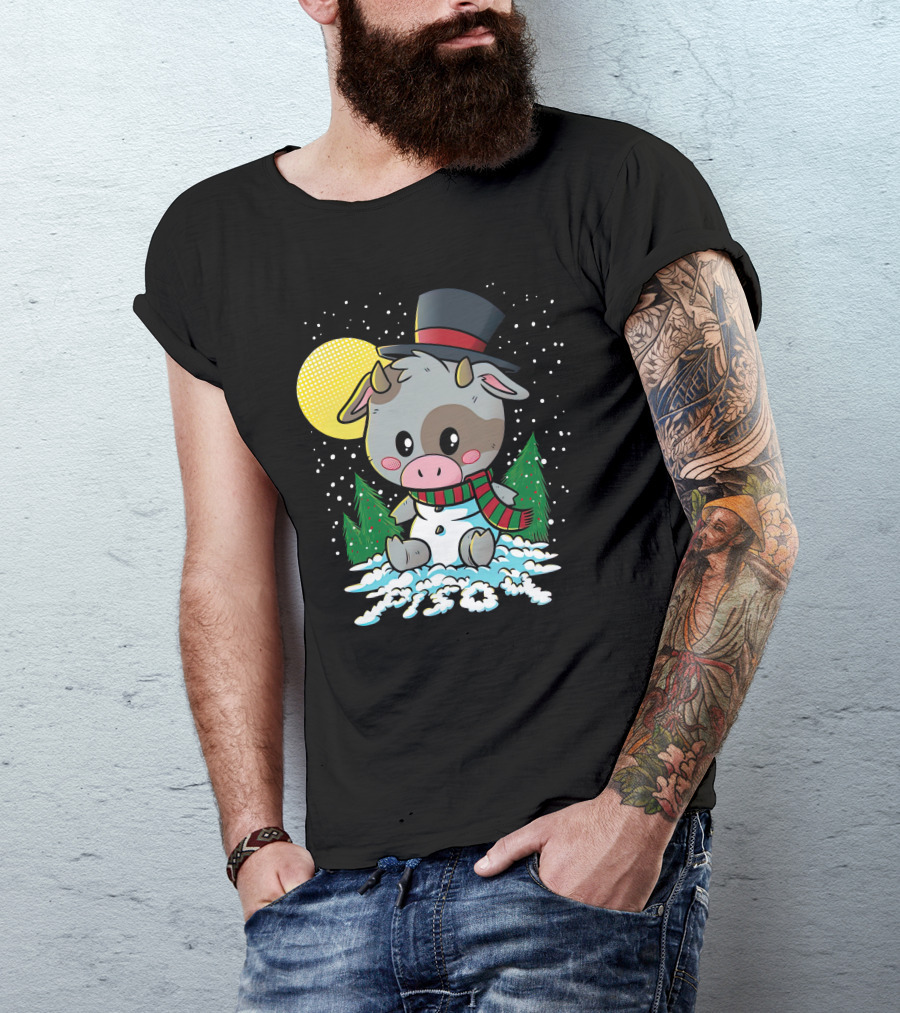 Piso4 Cute Cow In Snow With Top Hat And Scarf Winter Scene T-Shirt