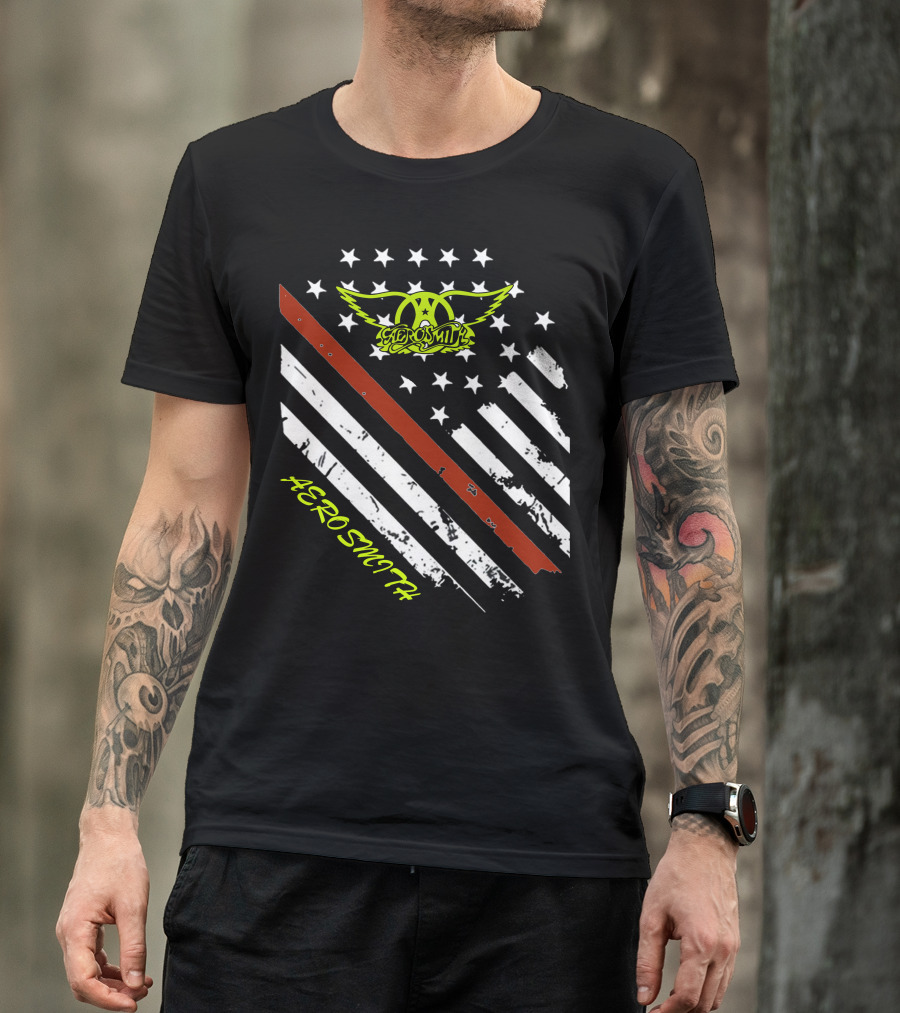 Aerosmith Logo With American Flag And Guitar Stripe T-Shirt