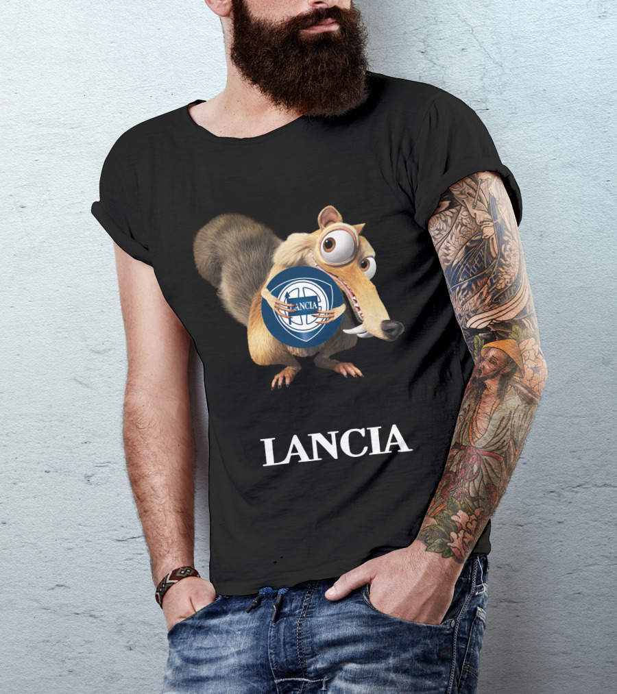 Lancia Logo With Scrat Character Holding T-Shirt