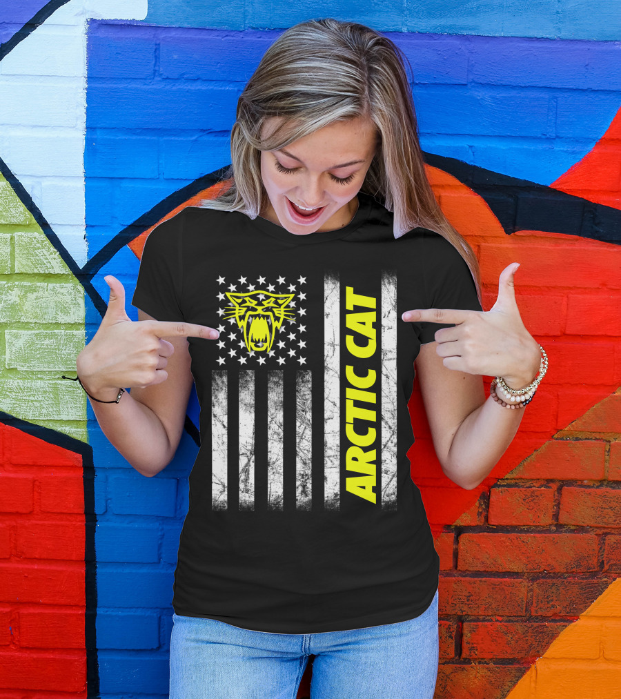 Arctic Cat Yellow Logo With American Flag Stripes And Stars T-Shirt