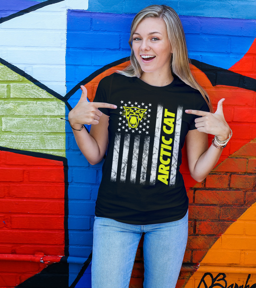 Arctic Cat Yellow Logo With American Flag Stripes And Stars T-Shirt