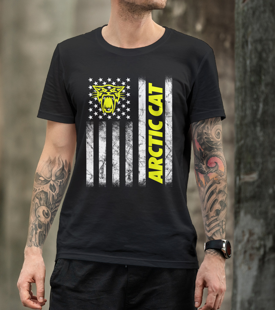 Arctic Cat Yellow Logo With American Flag Stripes And Stars T-Shirt