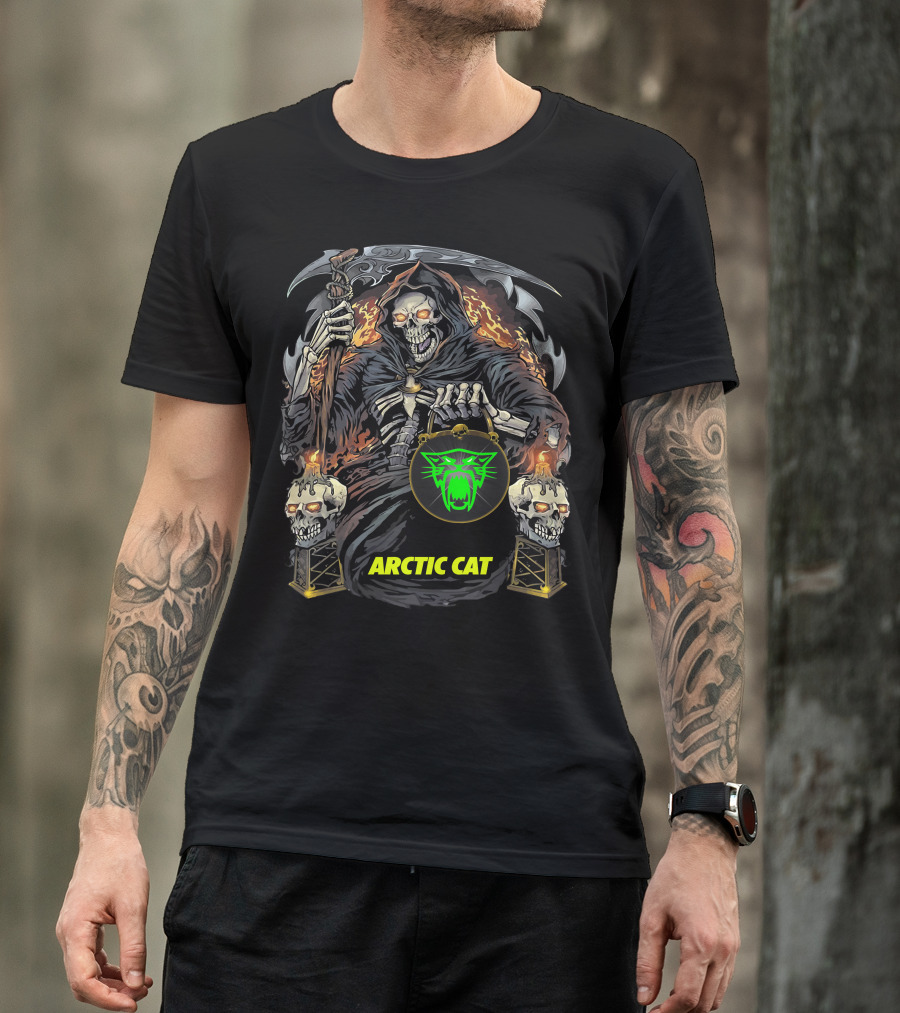 Arctic Cat Grim Reaper Skeleton Holding Scythe And Neon Green Cat T-Shirt