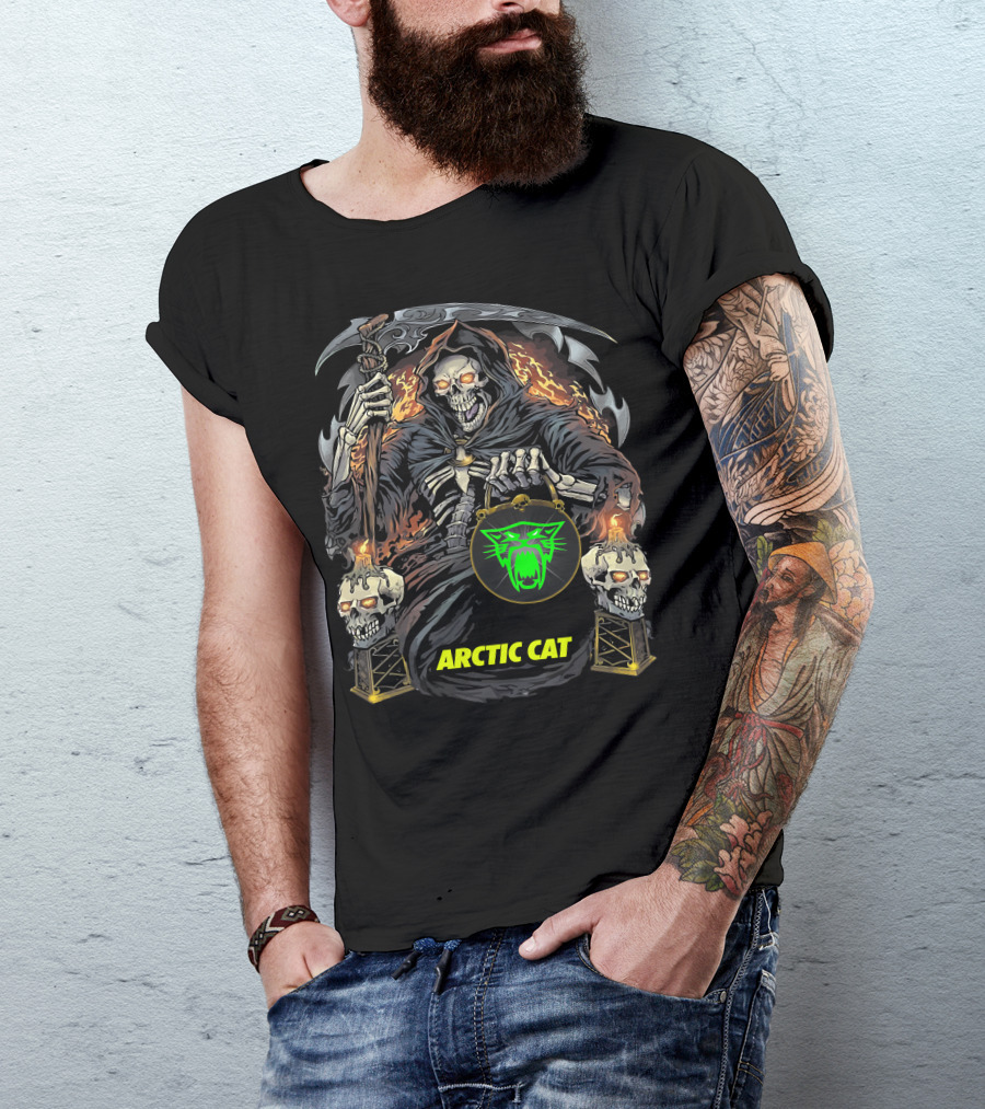 Arctic Cat Grim Reaper Skeleton Holding Scythe And Neon Green Cat T-Shirt