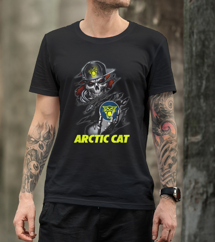 Arctic Cat Skull Skeleton With Hat Holding T-Shirt